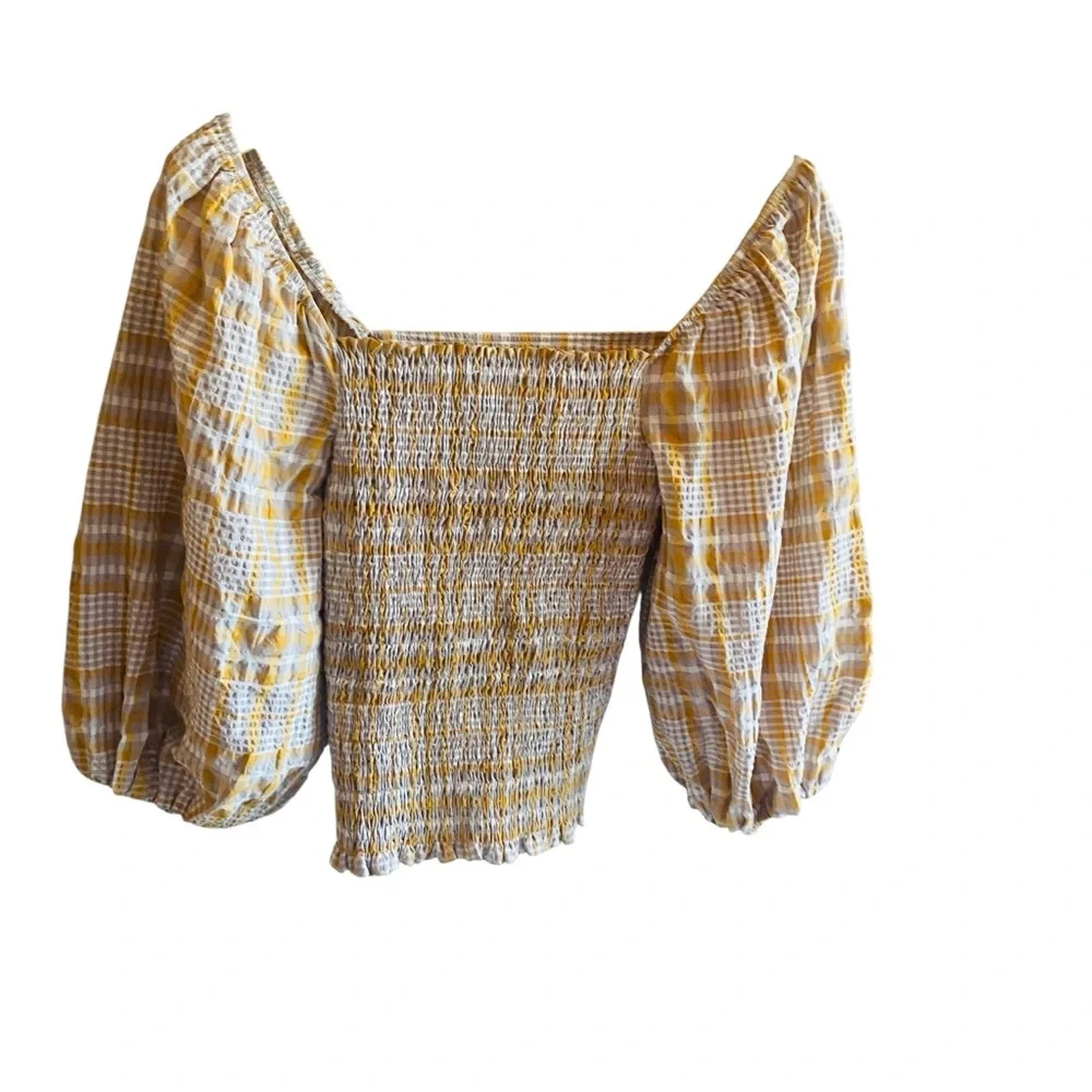 Anthropologie Maeve Plaid Print Square-Neck Blouse Puff Sleeves Cream Yellow Top
